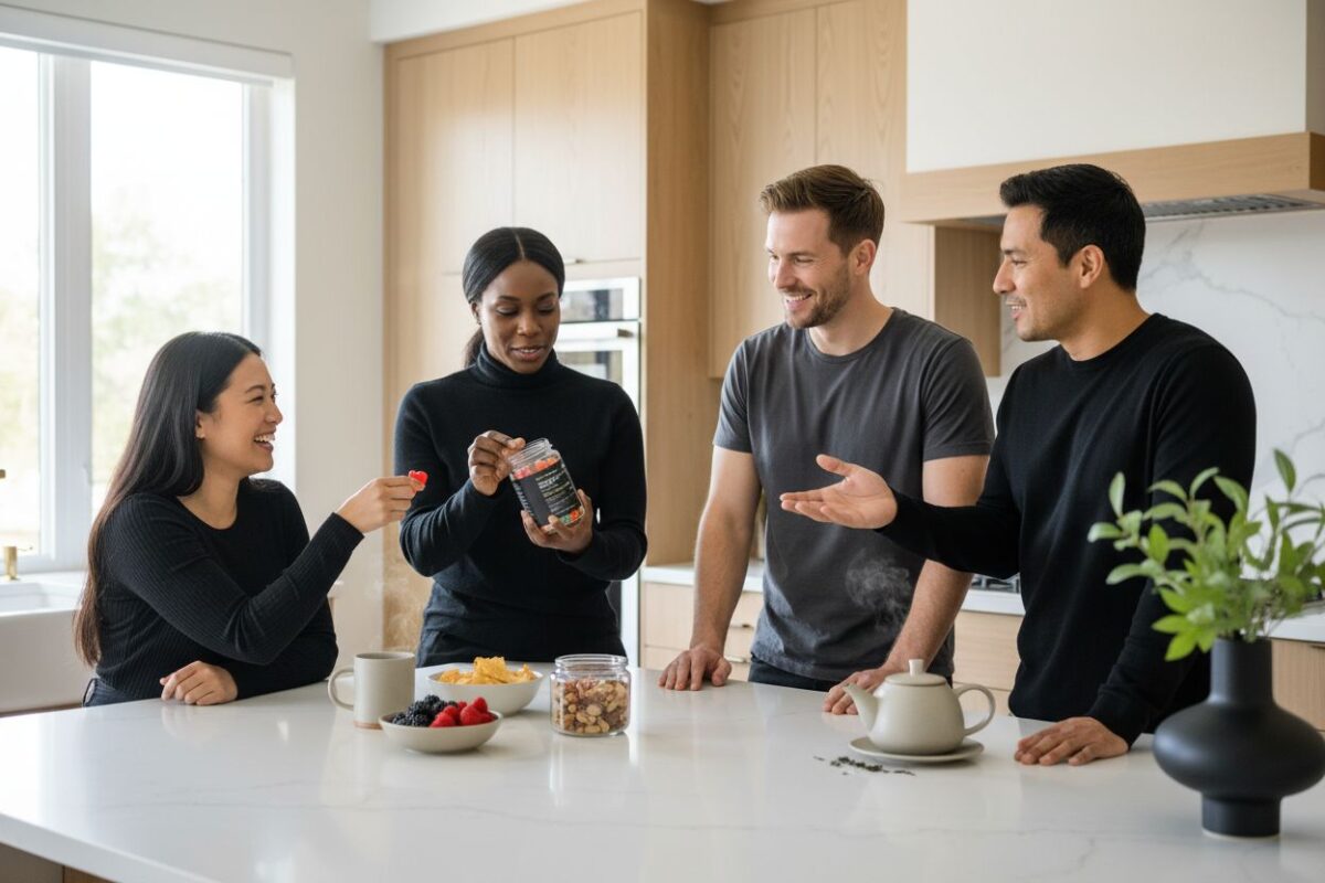 CBD gummies advantages, wellness discussion, modern kitchen